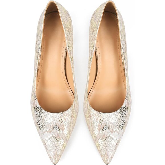 Women's Beige Gold Synthetic Snake Skin Pumps Pointed Toe Stiletto Slip On Heels - Picture 3 of 7